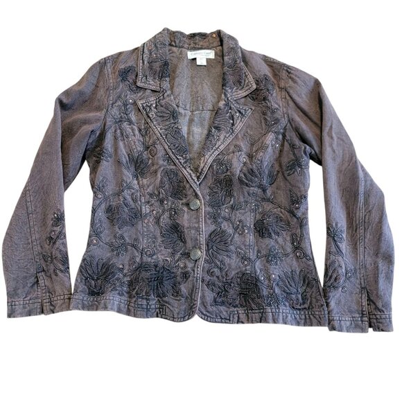 COLDWATER CREEK Jacket Brown Sz 4P Petite Floral Embroidered Beaded Denim Blazer - Picture 2 of 16